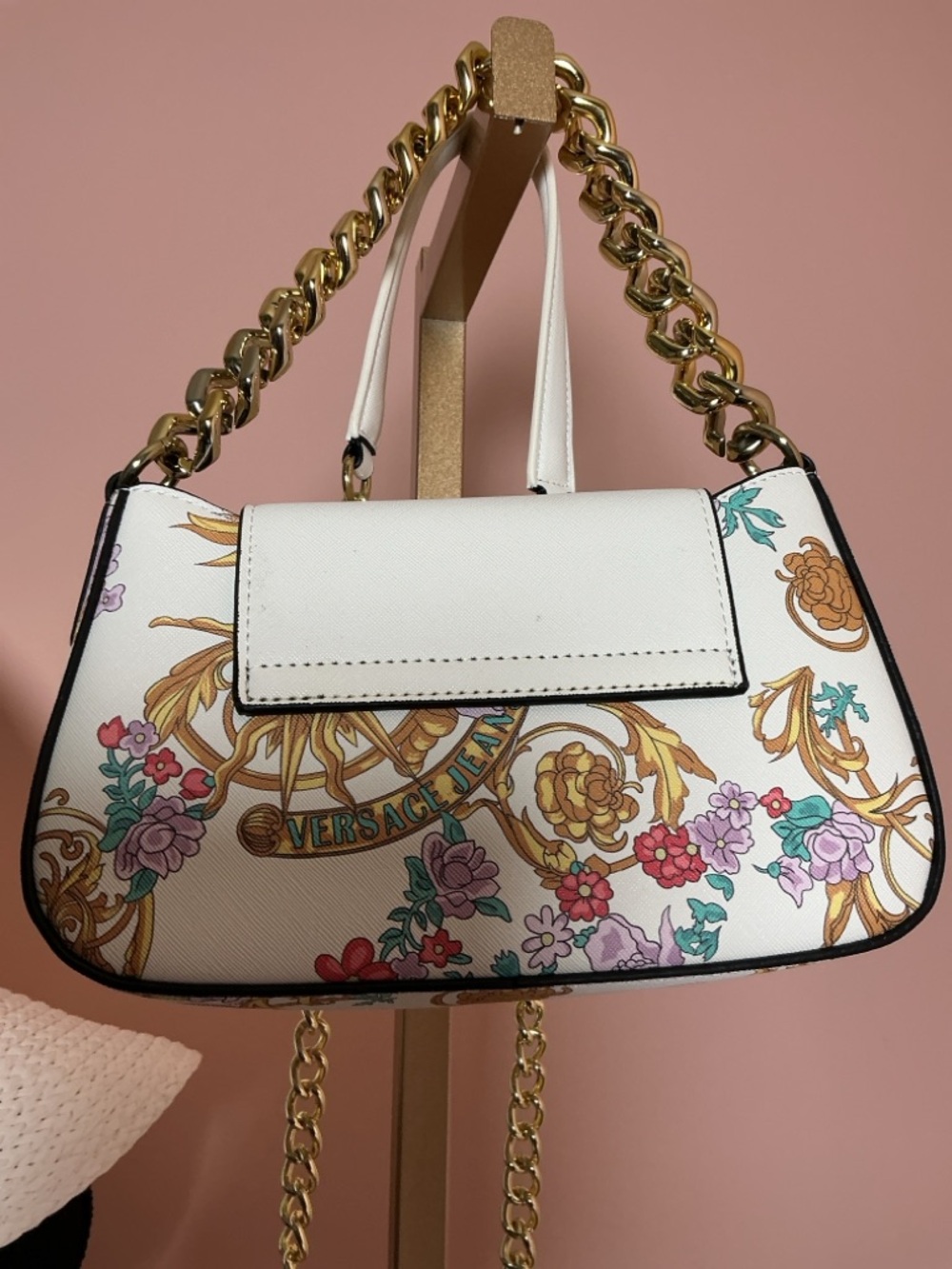 Versace Jeans Collection White Floral Logo Chain Shoulder Bag - Picture 3 of 5
